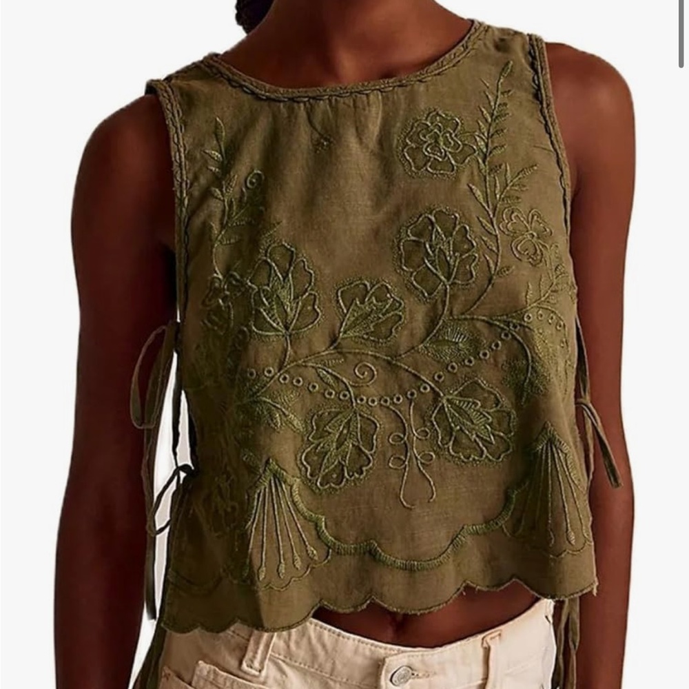 Olive Green Embroidered Tops